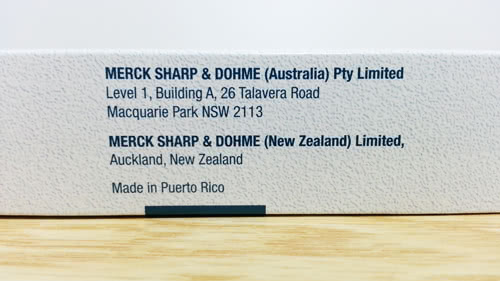 オーストラリア版プロペシアの製造国（Merck Sharp & Dohme Australia）